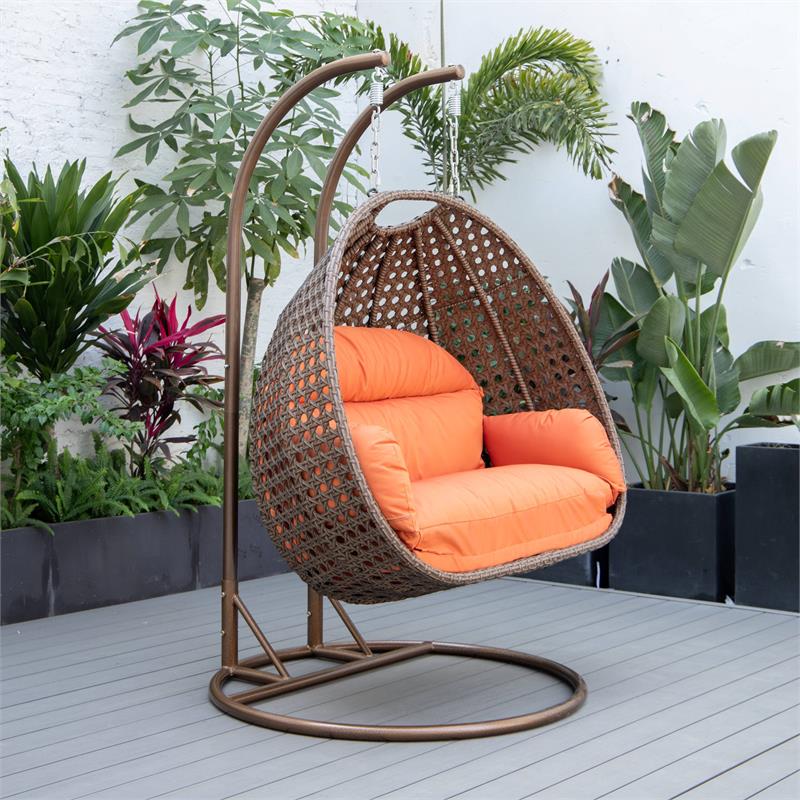 LeisureMod Mendoza Dark Brown Wicker Patio Double Swing Chair in Orange