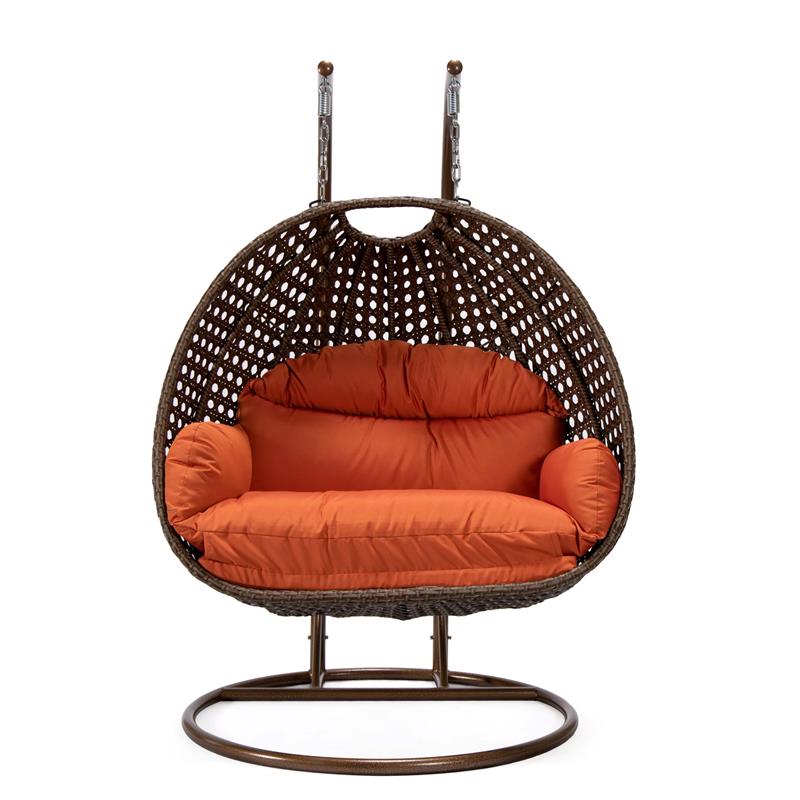 LeisureMod Mendoza Dark Brown Wicker Patio Double Swing Chair in Orange