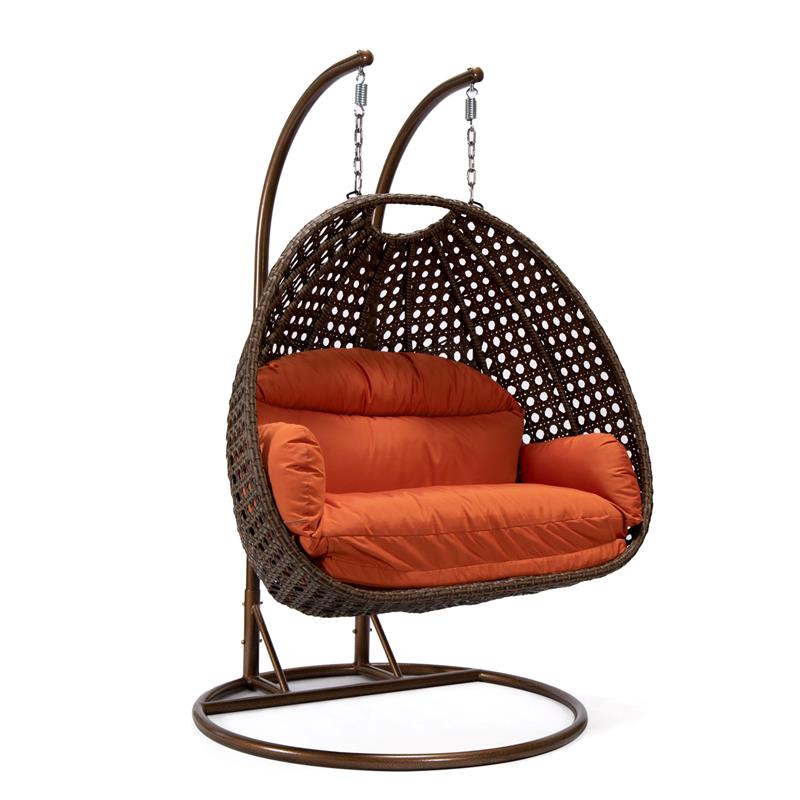 LeisureMod Mendoza Dark Brown Wicker Patio Double Swing Chair in Orange