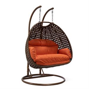 LeisureMod Mendoza Dark Brown Wicker Patio Double Swing Chair in Orange