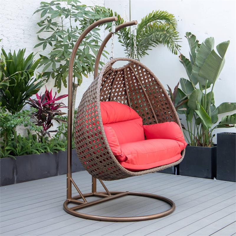 LeisureMod Mendoza Dark Brown Wicker Patio Double Swing Chair in Red
