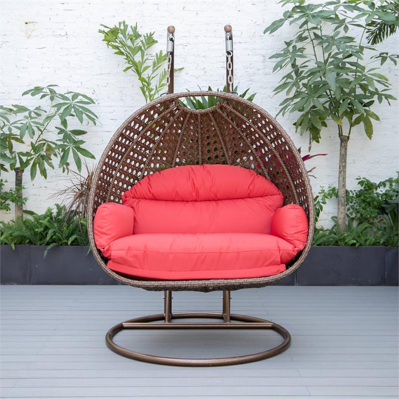 LeisureMod Mendoza Dark Brown Wicker Patio Double Swing Chair in Red