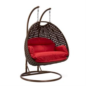 LeisureMod Mendoza Dark Brown Wicker Patio Double Swing Chair in Red