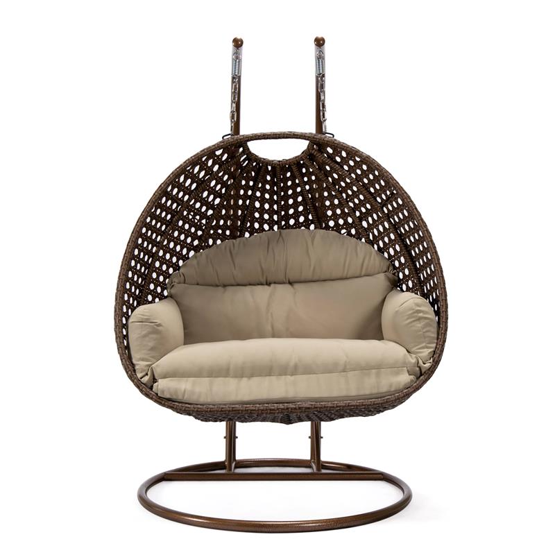 LeisureMod Mendoza Dark Brown Wicker Patio Double Swing Chair in Taupe