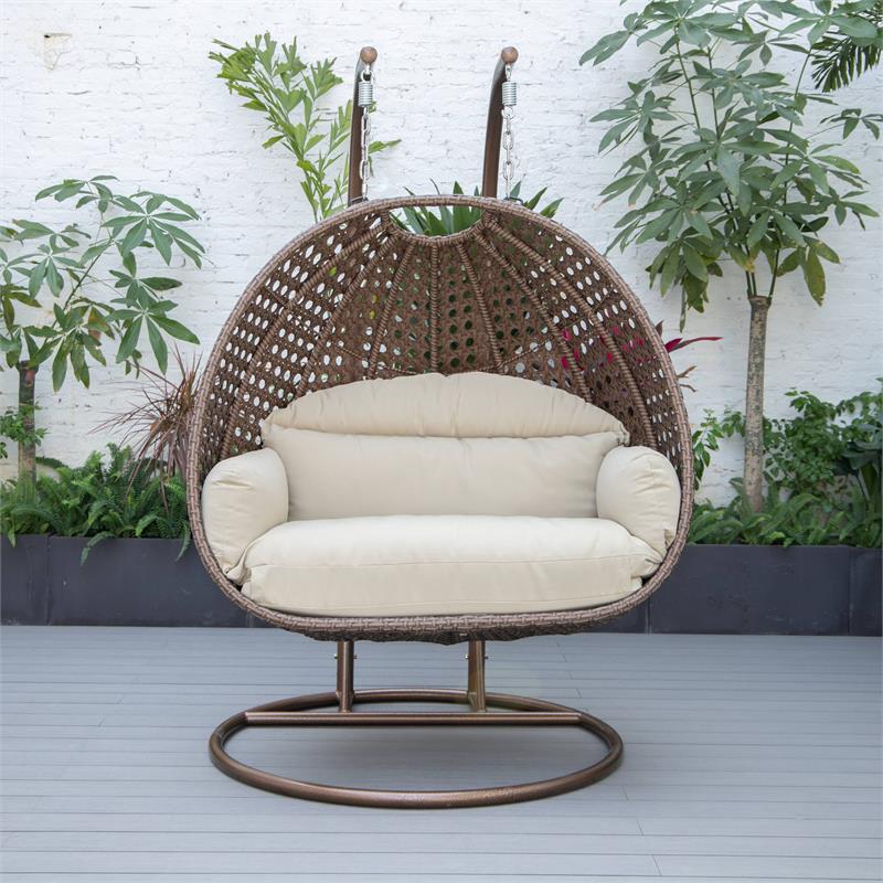 LeisureMod Mendoza Dark Brown Wicker Patio Double Swing Chair in Taupe