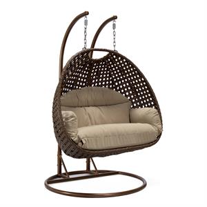 LeisureMod Mendoza Dark Brown Wicker Patio Double Swing Chair in Taupe