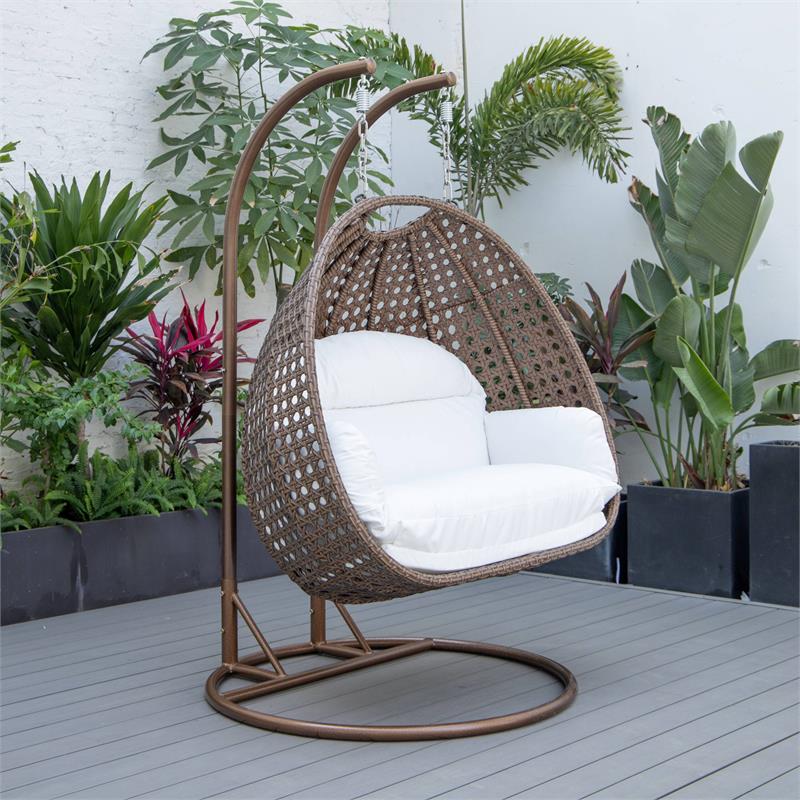 LeisureMod Mendoza Dark Brown Wicker Patio Double Swing Chair in White
