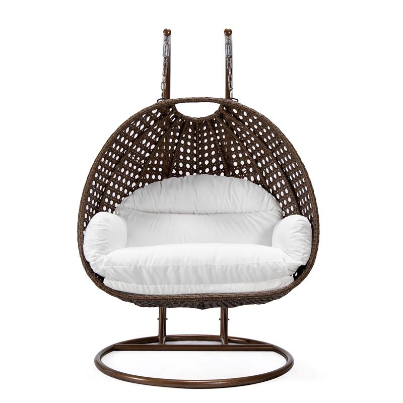 LeisureMod Mendoza Dark Brown Wicker Patio Double Swing Chair in White