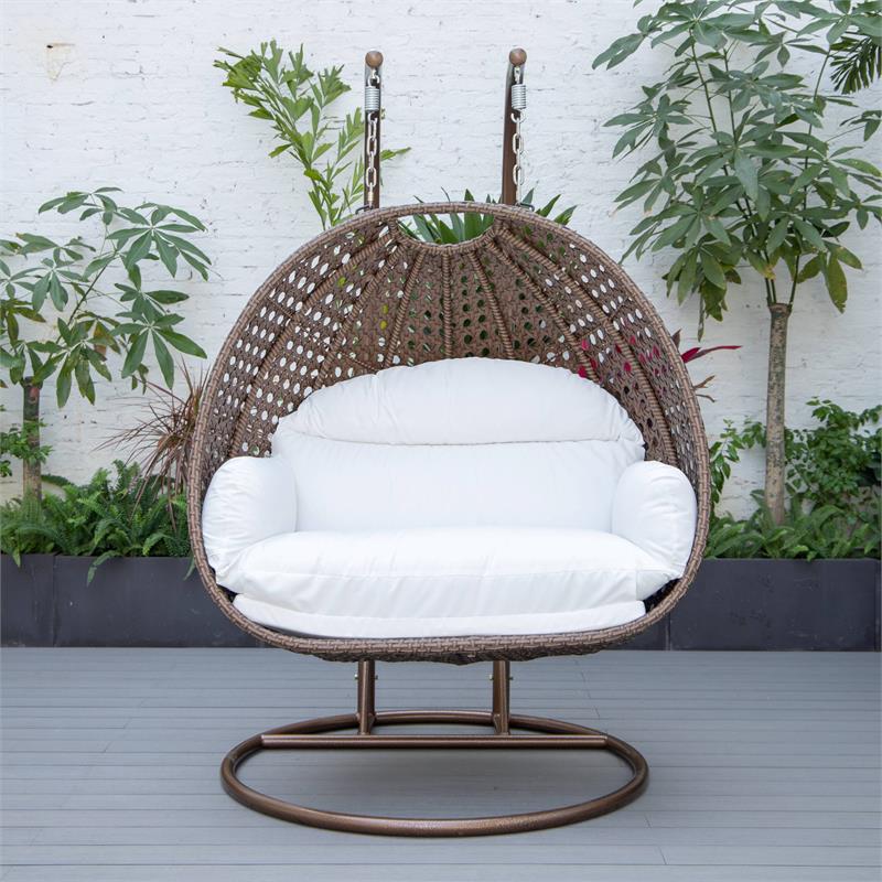 LeisureMod Mendoza Dark Brown Wicker Patio Double Swing Chair in White