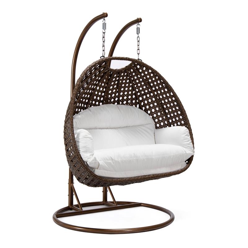 LeisureMod Mendoza Dark Brown Wicker Patio Double Swing Chair in White