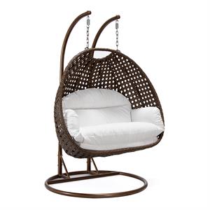 LeisureMod Mendoza Dark Brown Wicker Patio Double Swing Chair in White