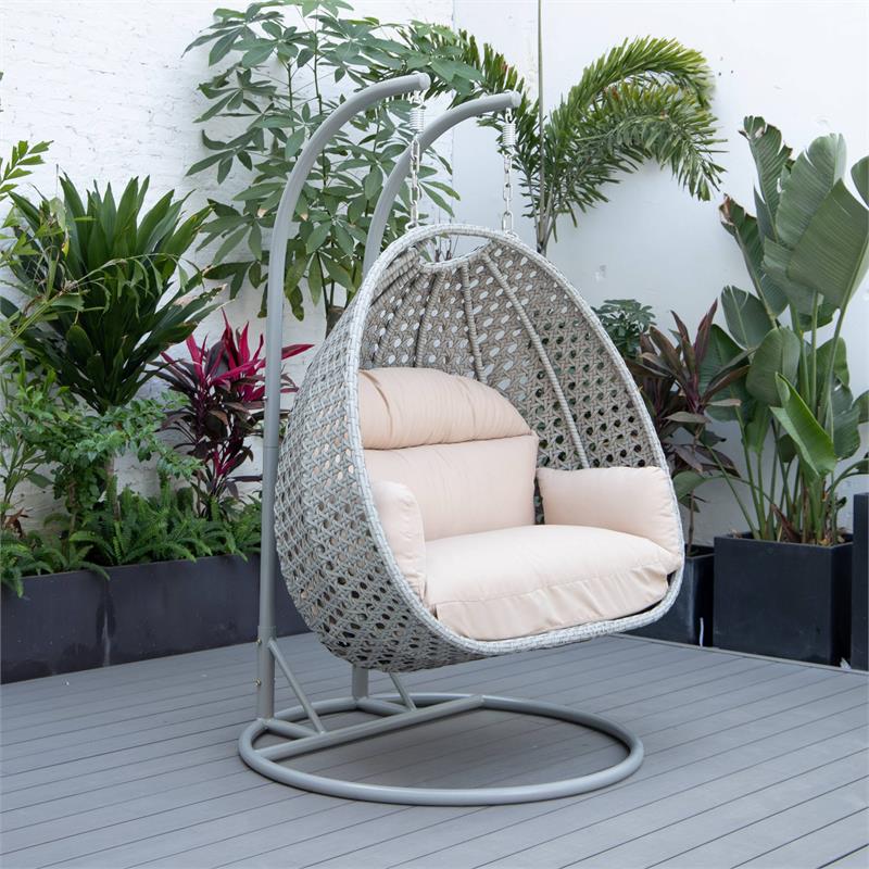 LeisureMod Mendoza Light Gray Wicker Patio Double Swing Chair in Beige