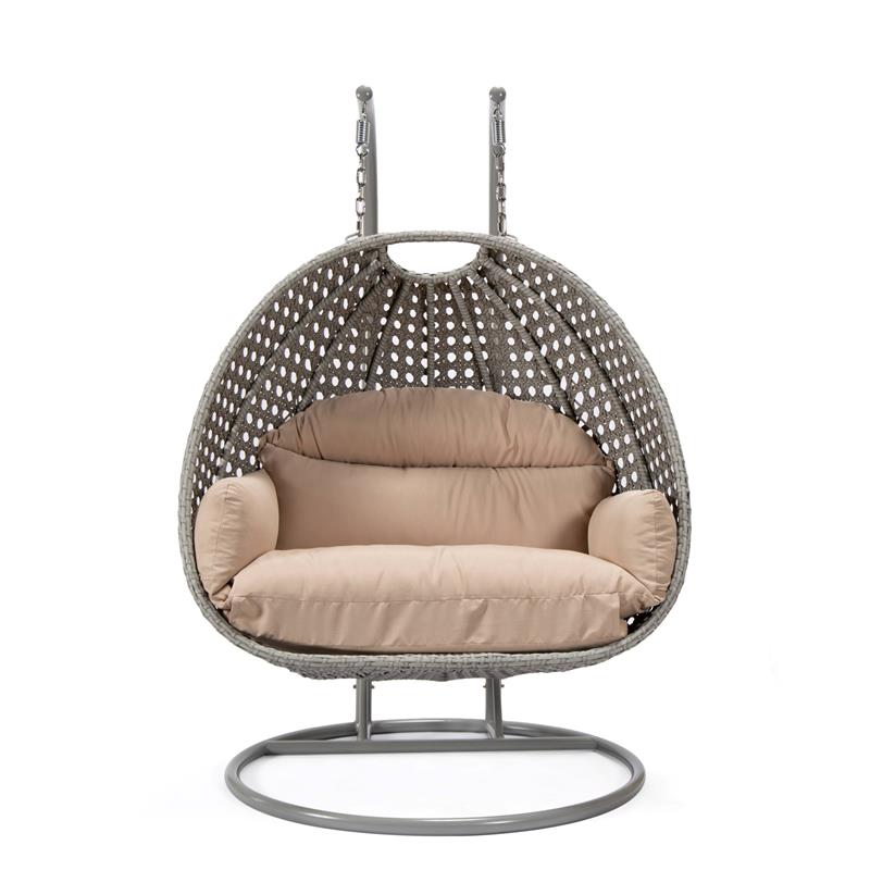LeisureMod Mendoza Light Gray Wicker Patio Double Swing Chair in Beige