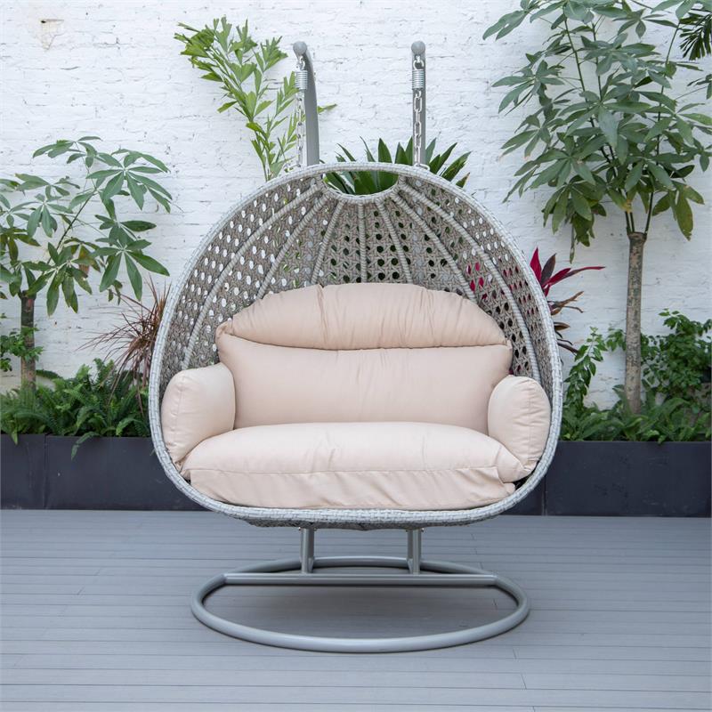 LeisureMod Mendoza Light Gray Wicker Patio Double Swing Chair in Beige