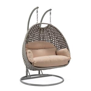 LeisureMod Mendoza Light Gray Wicker Patio Double Swing Chair in Beige