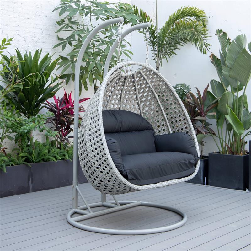 LeisureMod Mendoza Light Gray Wicker Patio Double Swing Chair in Black