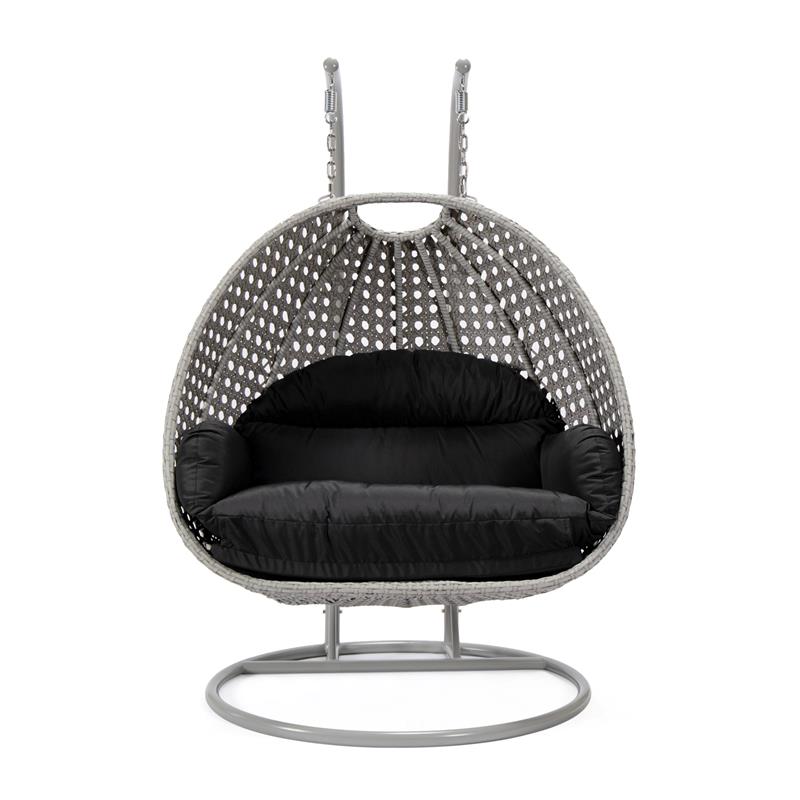 LeisureMod Mendoza Light Gray Wicker Patio Double Swing Chair in Black