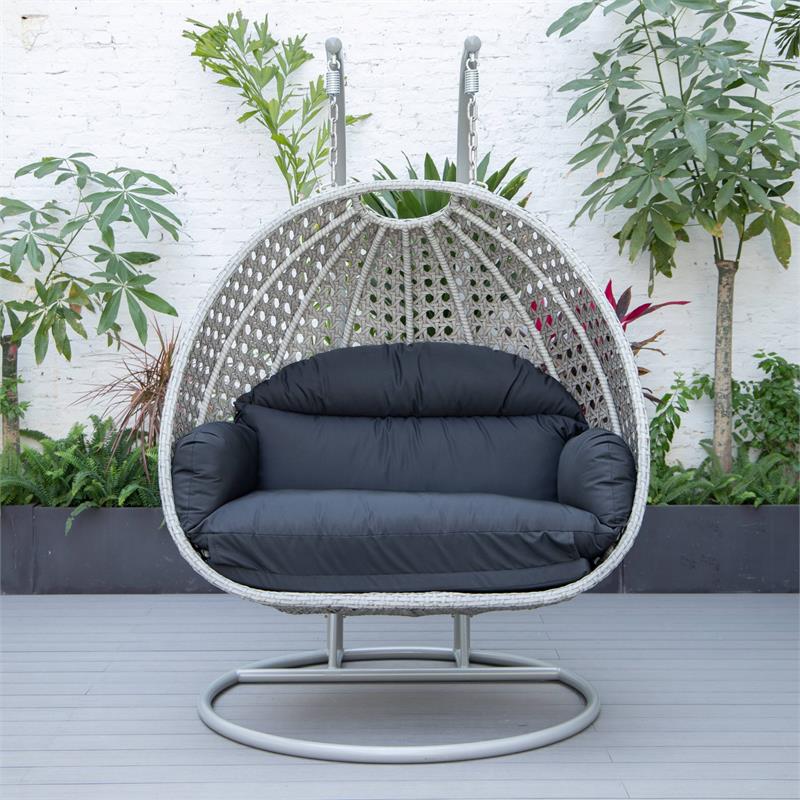 LeisureMod Mendoza Light Gray Wicker Patio Double Swing Chair in Black