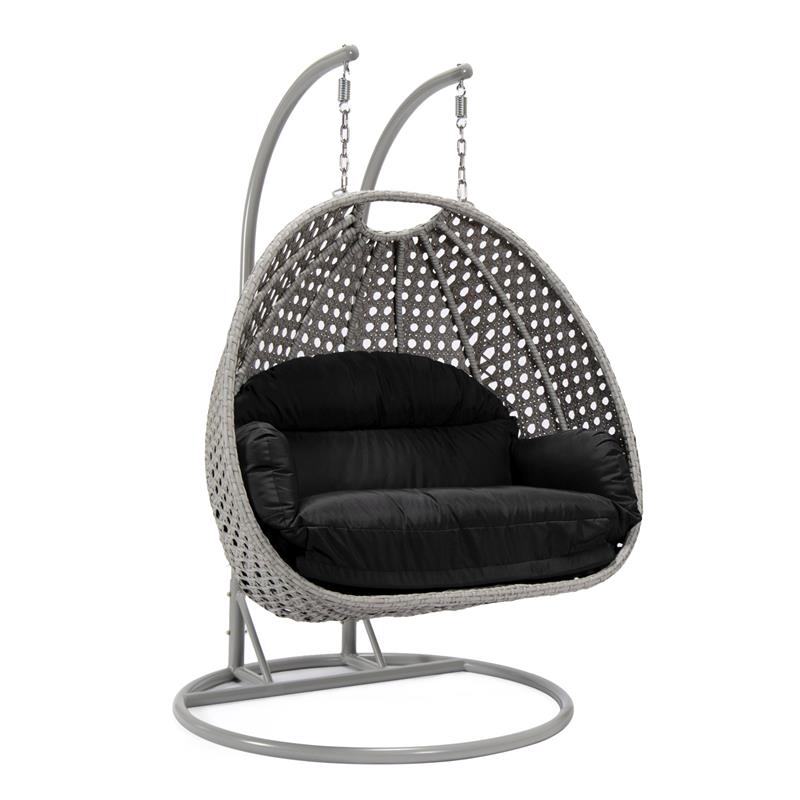 LeisureMod Mendoza Light Gray Wicker Patio Double Swing Chair in Black