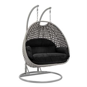 LeisureMod Mendoza Light Gray Wicker Patio Double Swing Chair in Black