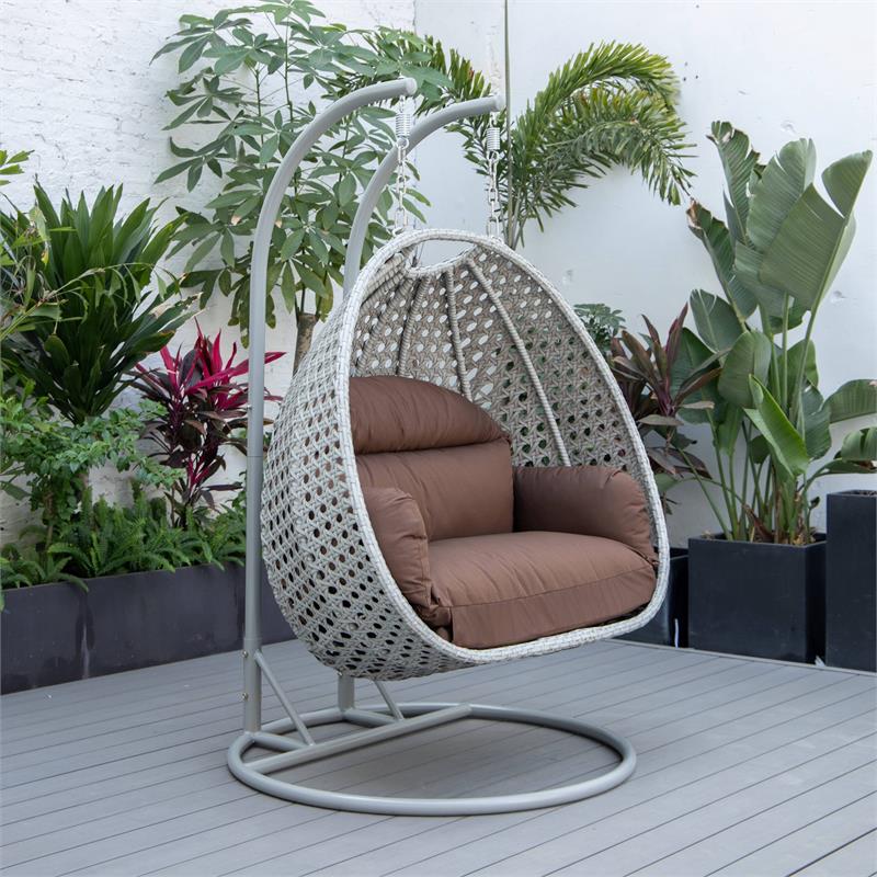 LeisureMod Mendoza Light Gray Wicker Patio Double Swing Chair in Brown