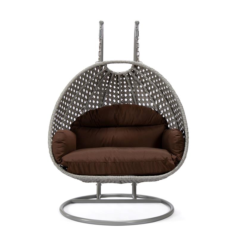 LeisureMod Mendoza Light Gray Wicker Patio Double Swing Chair in Brown
