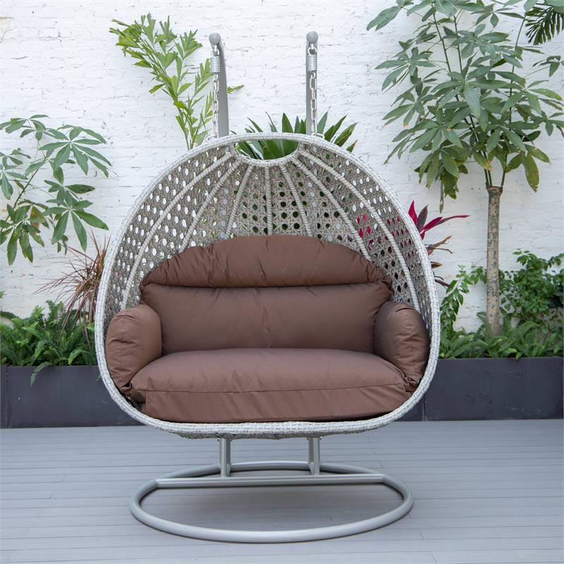 LeisureMod Mendoza Light Gray Wicker Patio Double Swing Chair in Brown