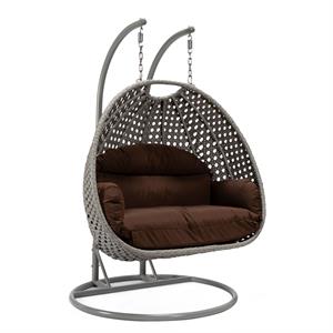 LeisureMod Mendoza Light Gray Wicker Patio Double Swing Chair in Brown
