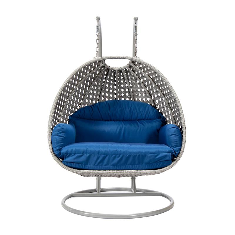 LeisureMod Mendoza Light Gray Wicker Patio Double Swing Chair in Blue
