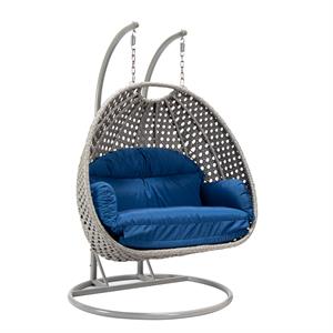 LeisureMod Mendoza Light Gray Wicker Patio Double Swing Chair in Blue
