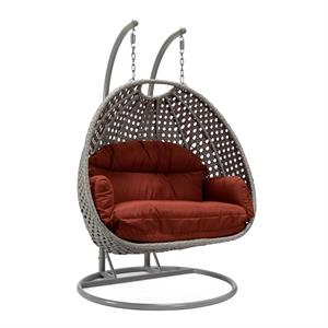 LeisureMod Mendoza Light Gray Wicker Patio Double Swing Chair in Cherry
