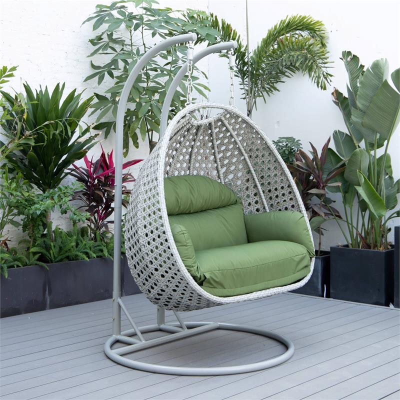 LeisureMod Mendoza Light Gray Wicker Patio Double Swing Chair in Dark Green