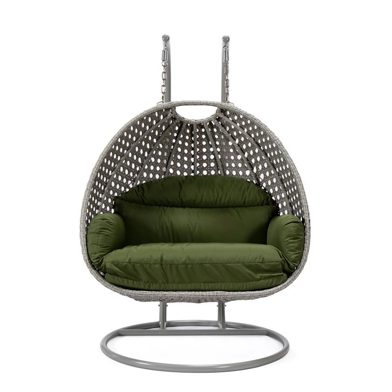 LeisureMod Mendoza Light Gray Wicker Patio Double Swing Chair in Dark Green