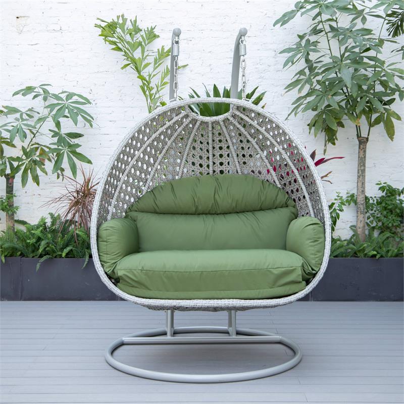 LeisureMod Mendoza Light Gray Wicker Patio Double Swing Chair in Dark Green