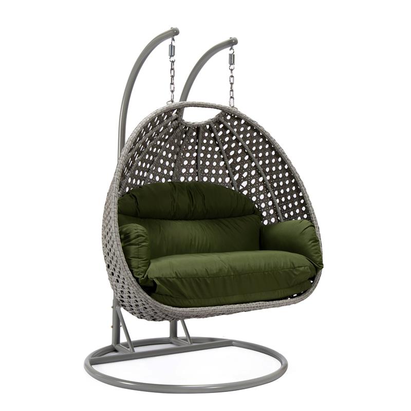 LeisureMod Mendoza Light Gray Wicker Patio Double Swing Chair in Dark Green