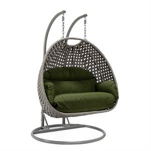 LeisureMod Mendoza Light Gray Wicker Patio Double Swing Chair in Dark Green