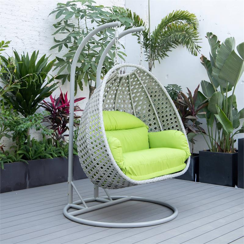 LeisureMod Mendoza Light Gray Wicker Patio Double Swing Chair in Light Green