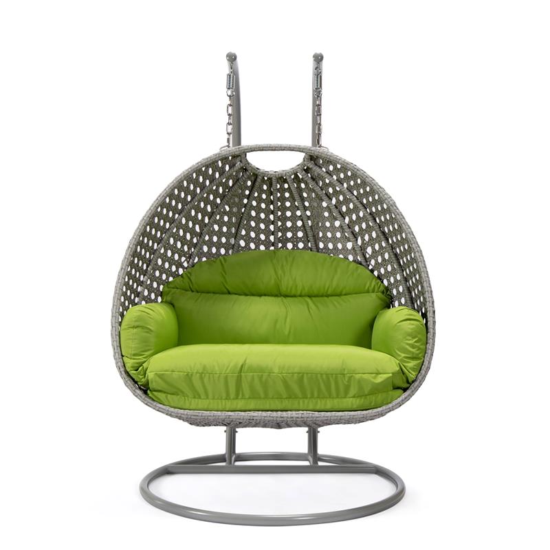 LeisureMod Mendoza Light Gray Wicker Patio Double Swing Chair in Light Green