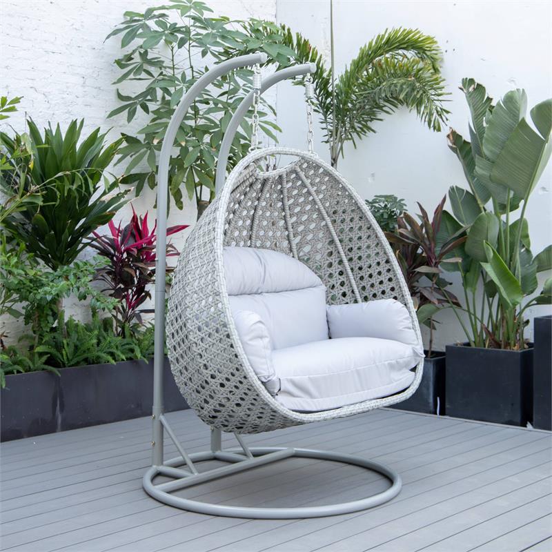 LeisureMod Mendoza Light Gray Wicker Patio Double Swing Chair in Light Gray
