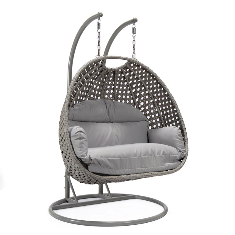 LeisureMod Mendoza Light Gray Wicker Patio Double Swing Chair in Light Gray