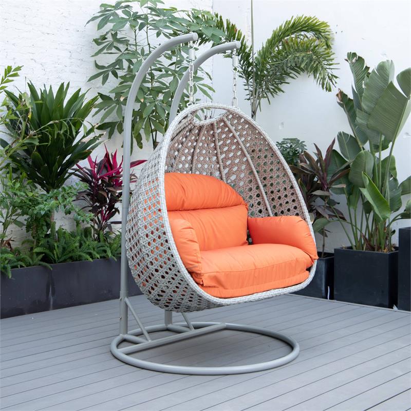 LeisureMod Mendoza Light Gray Wicker Patio Double Swing Chair in Orange
