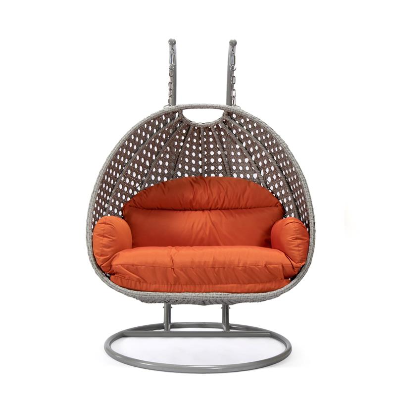 LeisureMod Mendoza Light Gray Wicker Patio Double Swing Chair in Orange