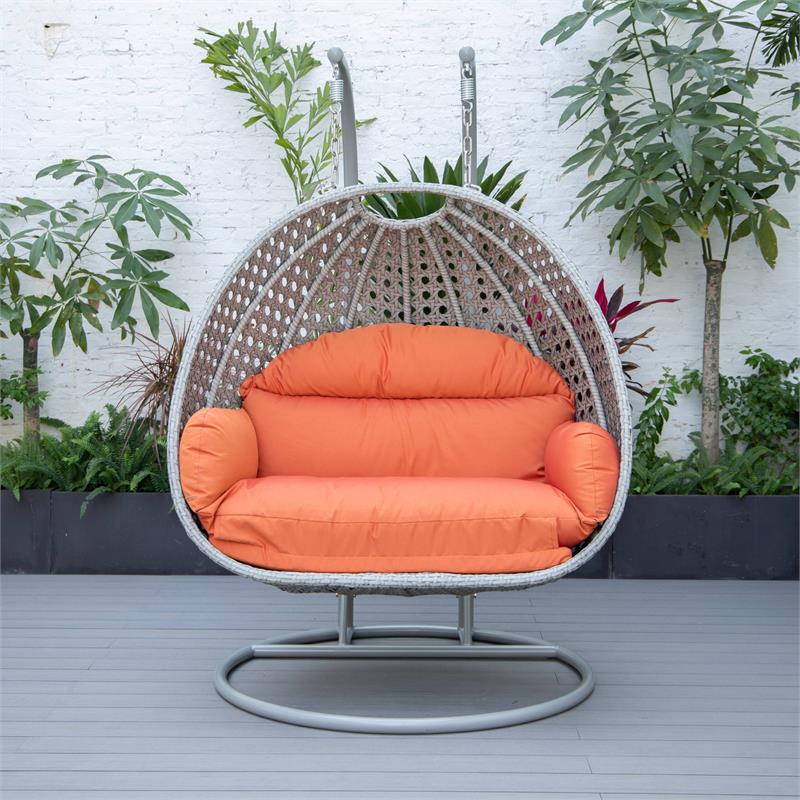 LeisureMod Mendoza Light Gray Wicker Patio Double Swing Chair in Orange