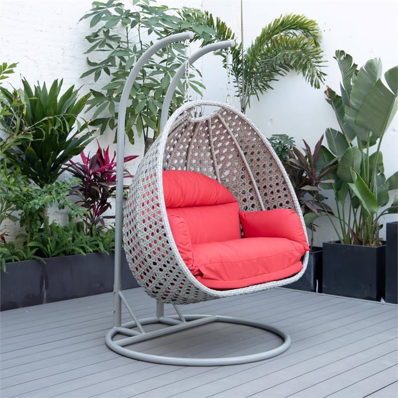 LeisureMod Mendoza Light Gray Wicker Patio Double Swing Chair in Red