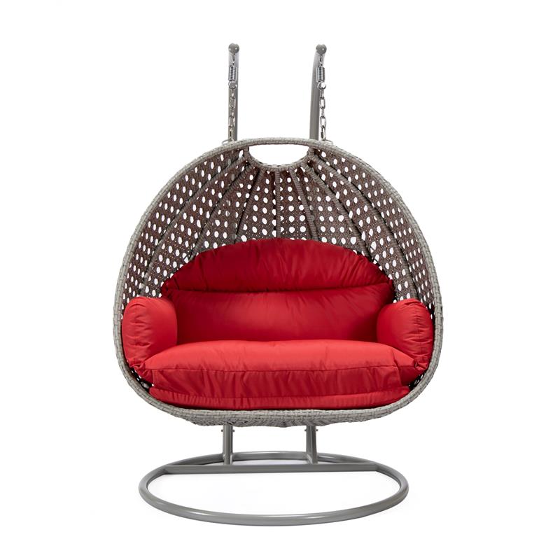 LeisureMod Mendoza Light Gray Wicker Patio Double Swing Chair in Red