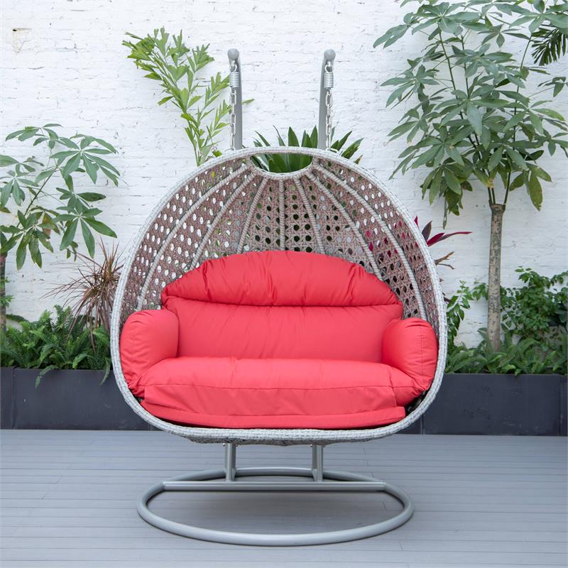 LeisureMod Mendoza Light Gray Wicker Patio Double Swing Chair in Red