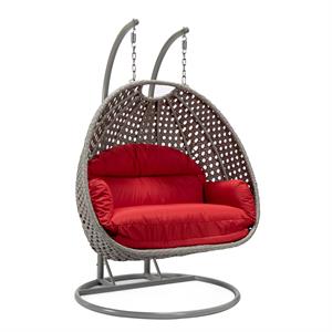 LeisureMod Mendoza Light Gray Wicker Patio Double Swing Chair in Red
