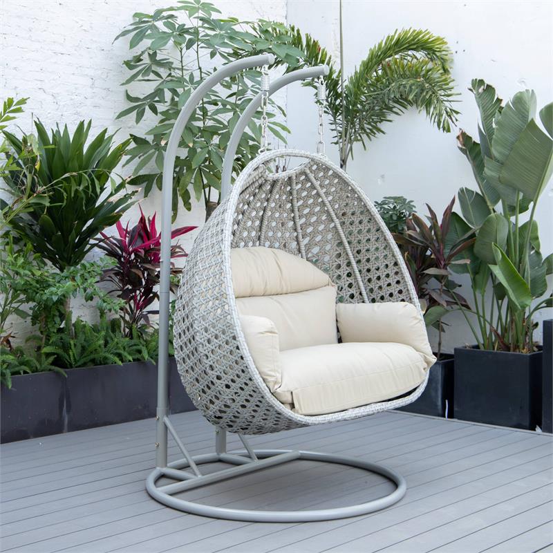 LeisureMod Mendoza Light Gray Wicker Patio Double Swing Chair in Taupe