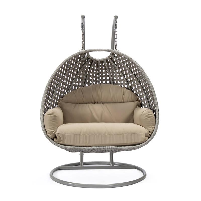 LeisureMod Mendoza Light Gray Wicker Patio Double Swing Chair in Taupe