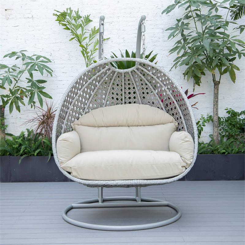 LeisureMod Mendoza Light Gray Wicker Patio Double Swing Chair in Taupe